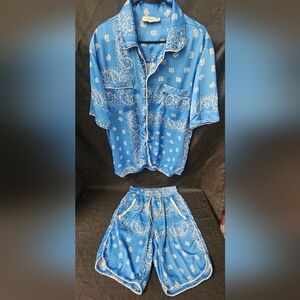 Rhude Blue Bandana Track Shirt Shorts Pajama Set Blue Paisley XL M‎